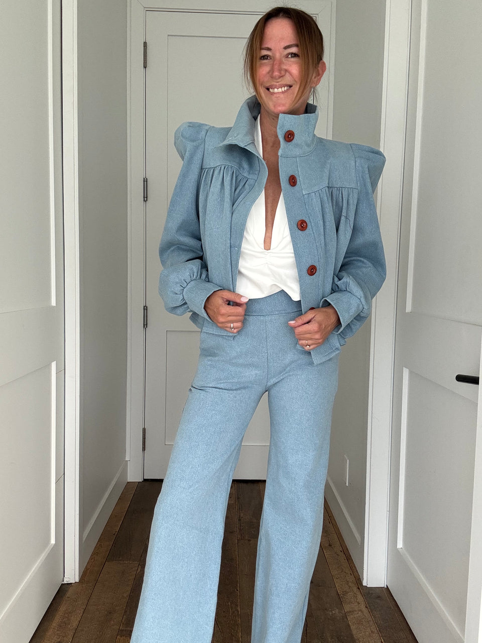 Veston denim bleu pâle