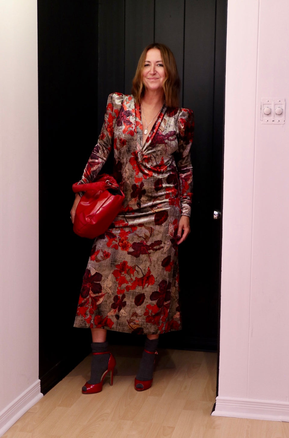 Robe longue velours fleurs rouges