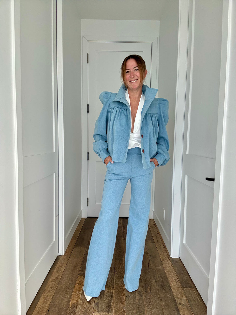 Veston denim bleu pâle