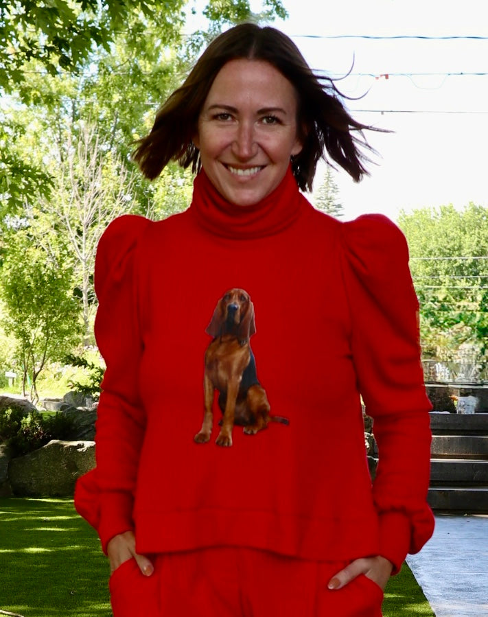 Col roulé rouge imprimé chien St-Hubert